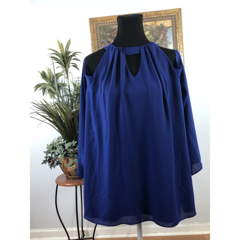 Landa By Dora Women Top XL 3/4 Sleeve Keyhole Neck Blue Y2K Boho Lagenlook